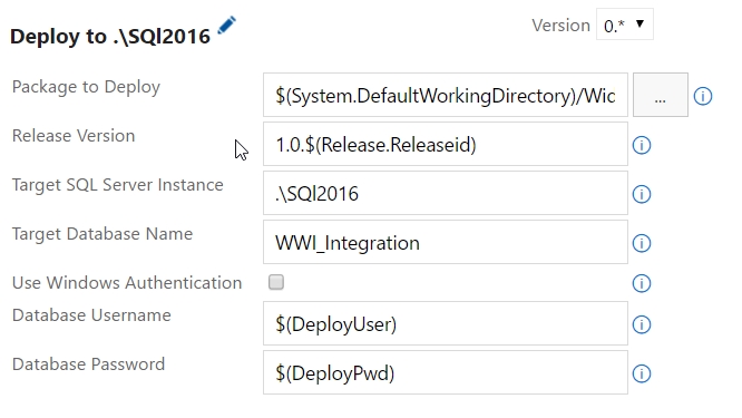 In the Deploy to .\SQL2016 pane, fields are populated with the previously defined settings.